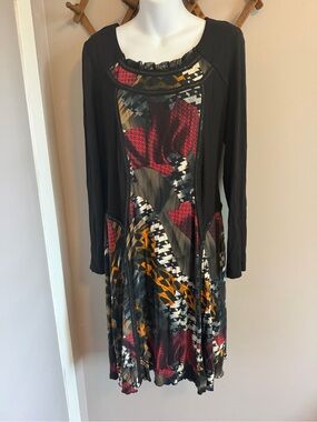 SIMON CHANG Lagenlook Geometric Patchwork Midi Dress Multimaterial vintage L